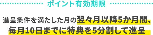 ポイント有効期限 進呈条件を満たした月の翌々月以降5か月間、毎月10日までに特典を5分割して進呈