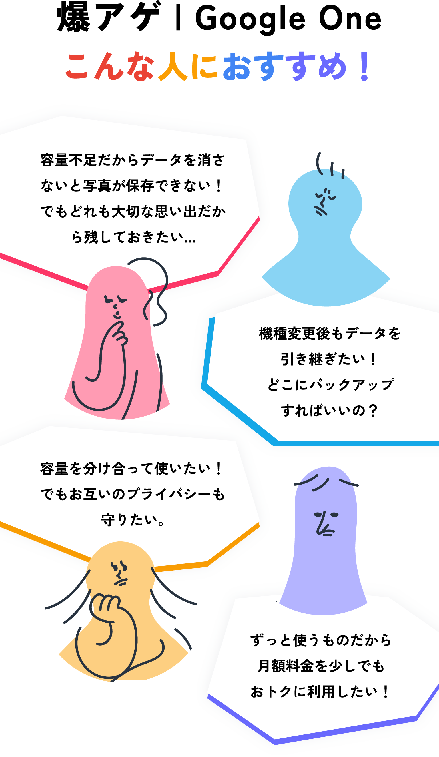 爆アゲ|Google One こんな人におすすめ! 容量不足だからデータを消さないと写真が保存できない!でもどれも大切な思い出だから残しておきたい... 機種変更後もデータを引き継ぎたい!どこにバックアップすればいいの? 容量を分け合って使いたい!でもお互いのプライバシーも守りたい。 ずっと使うものだから月額料金を少しでもおトクに利用したい!