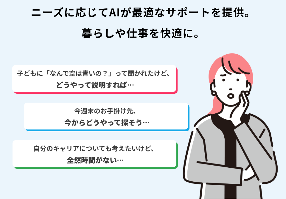 ニーズに応じてAIが最適なサポートを提供。暮らしや仕事を快適に。 子どもに「なんで空は青いの？」って聞かれたけど、どうやって説明すれば… 今週末のお手掛け先、今からどうやって探そう… 自分のキャリアについても考えたいけど、全然時間がない…