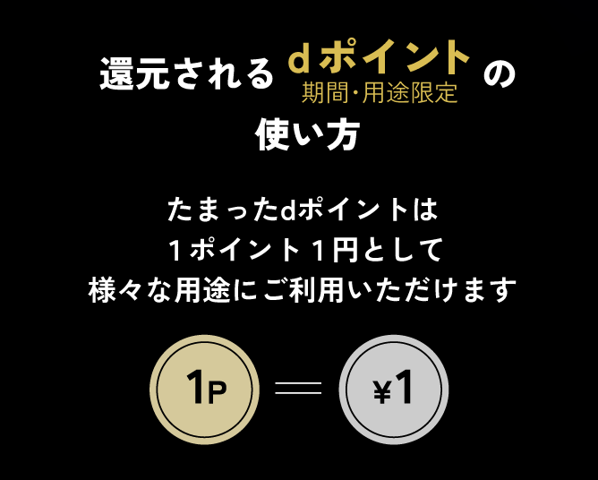 還元されるdポイント(期間・用途限定)の使い方 たまったdポイントは1ポイント1円として様々な用途にご利用いただけます