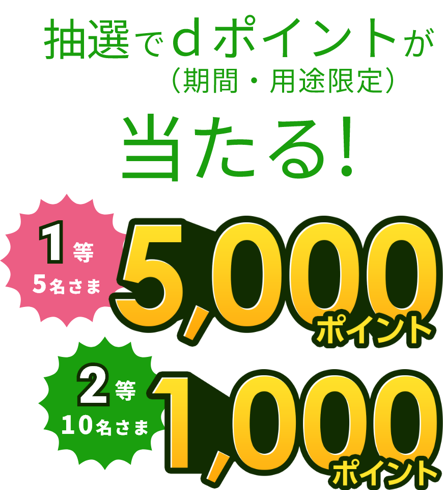 抽選でdポイント（期間・用途限定）が当たる！ 1等 5名さま 5,000ポイント 2等 10名さま 1,000ポイント