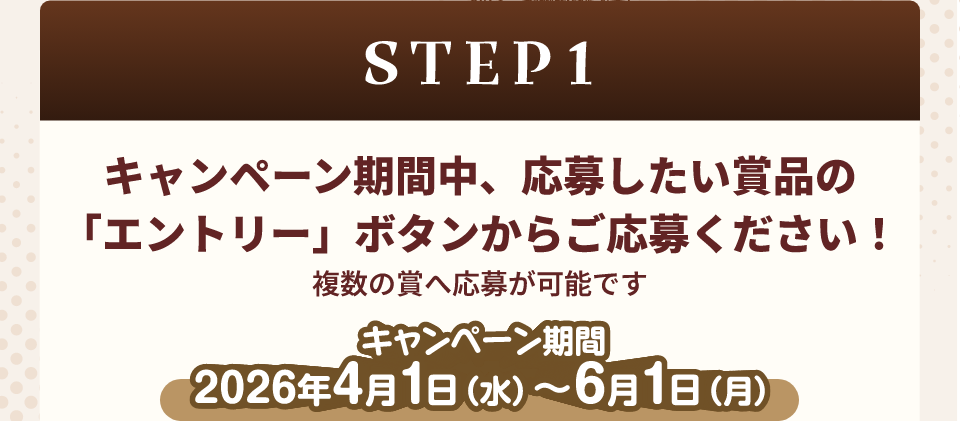 STEP1 キャンペーン期間中、応募したい賞品の 「エントリー」ボタンからご応募ください! 複数の賞へ応募が可能です キャンペーン期間 2026年4月1日(水)~6月1日(月)
