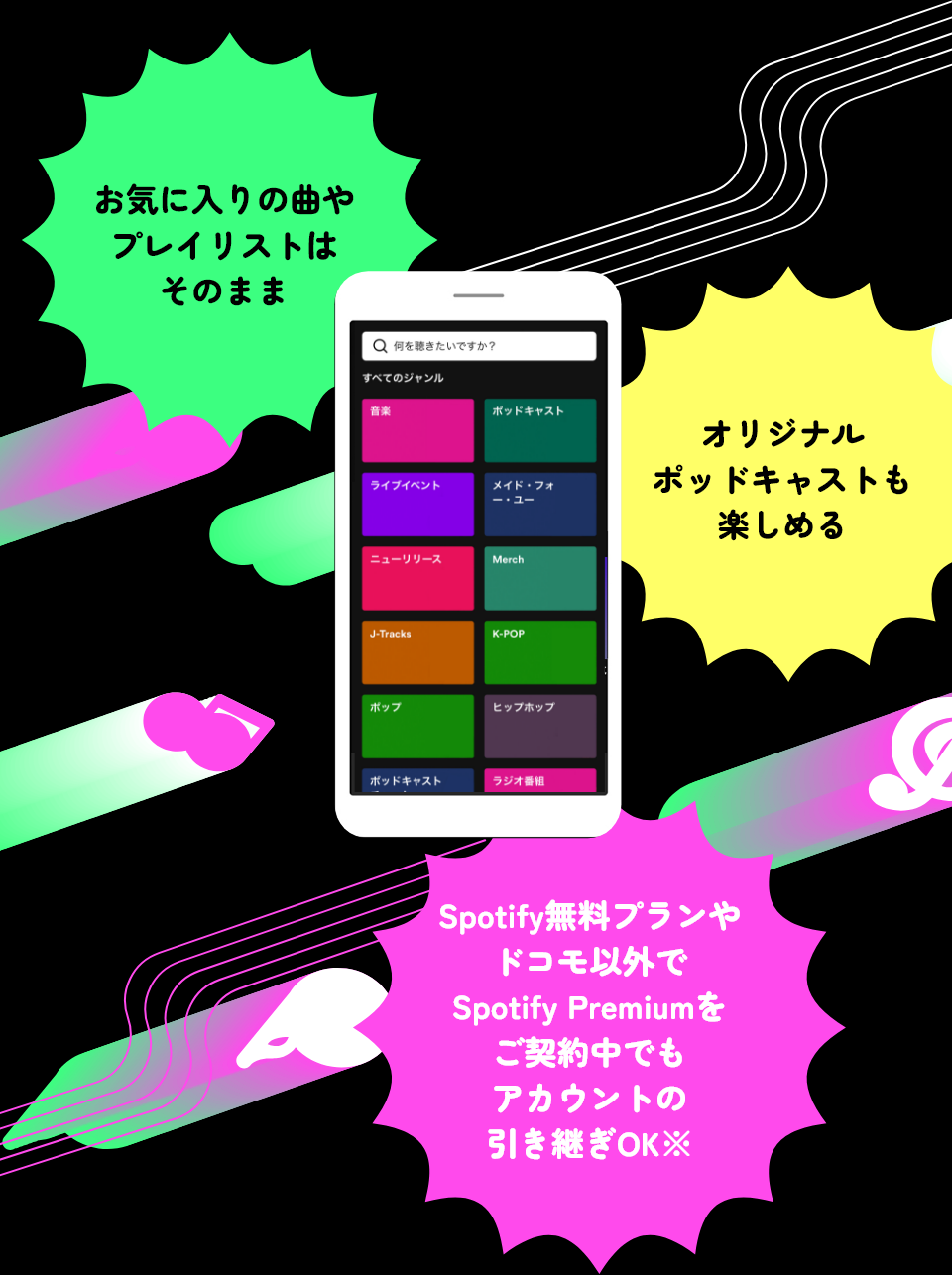お気に入りの曲やプレイリストはそのまま オリジナルポッドキャストも楽しめる Spotify無料プランやドコモ以外でSpotify Premiumをご契約中でもアカウントの引き継ぎOK※