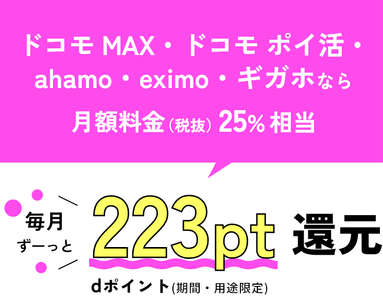 ドコモ MAX・ドコモ ポイ活・ahamo・eximo・ギガホなら月額料金（税抜）25%相当 毎月ずーっとdポイント（期間・用途限定）223pt還元