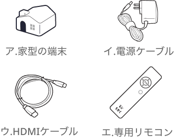 家型の端末、電源ケーブル、HDMIケーブル、専用リモコンのイラスト