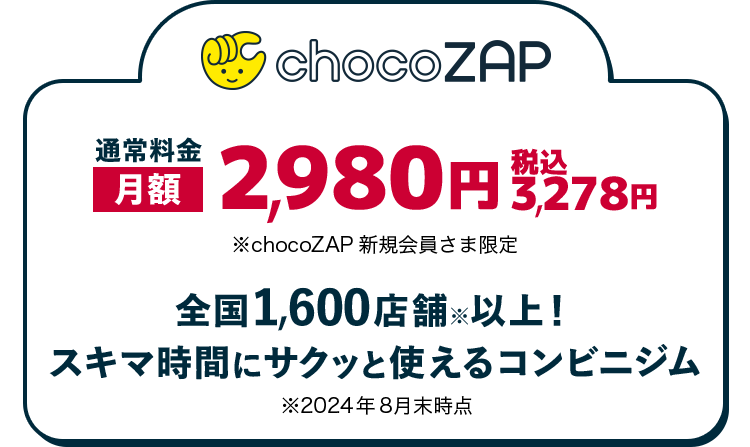 通常料金 chocoZAP 月額 2,980円 税込 3,278円 ※chocoZAP 新規会員さま限定 全国1600店舗以上！ スキマ時間にサクッと使えるコンビニジム ※2024年8月末時点