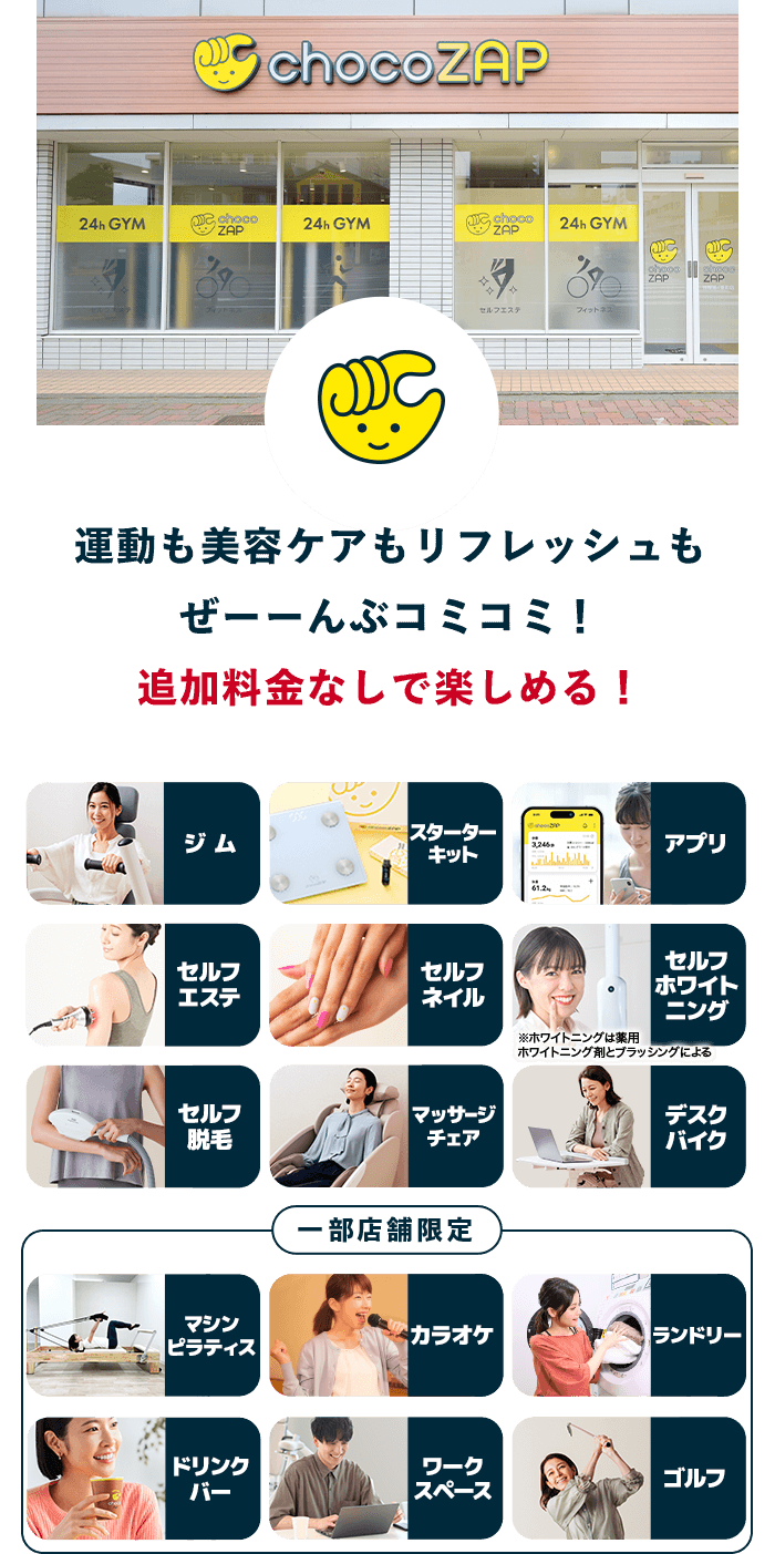 運動も美容ケアもリフレッシュもぜーーんぶコミコミ！ 追加料金なしで楽しめる！ ジム スターターキット アプリ セルフエステ セルフネイル セルフホワイトニング ※ホワイトニングは薬用 ホワイトニング剤とブラッシングによる セルフ脱毛 マッサージチェア デスクバイク 一部店舗限定 マシンピラティス カラオケ ランドリー ドリンクバー ワークスペース ゴルフ