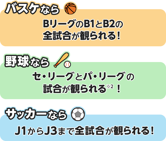 バスケならBリーグのB1とB2の全試合が観られる！野球ならセ・リーグとパ・リーグの全試合が観れる!※2/サッカーならJ1からJ3まで全試合が観れる!