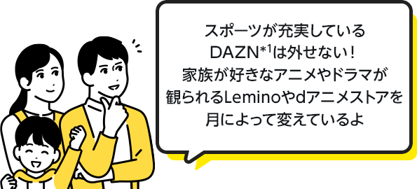 スポーツが充実しているDAZN*1は外せない！家族が好きなアニメやドラマが観られるLeminoやdアニメストアを月によって変えているよ