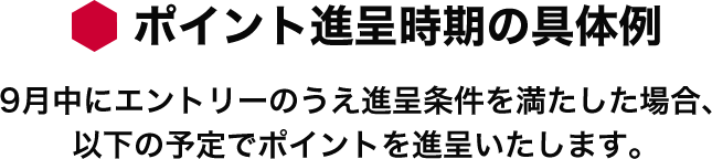 ポイント進呈時期の具体例 9月中にエントリーのうえ進呈条件を満たした場合、以下の予定でポイントを進呈いたします。