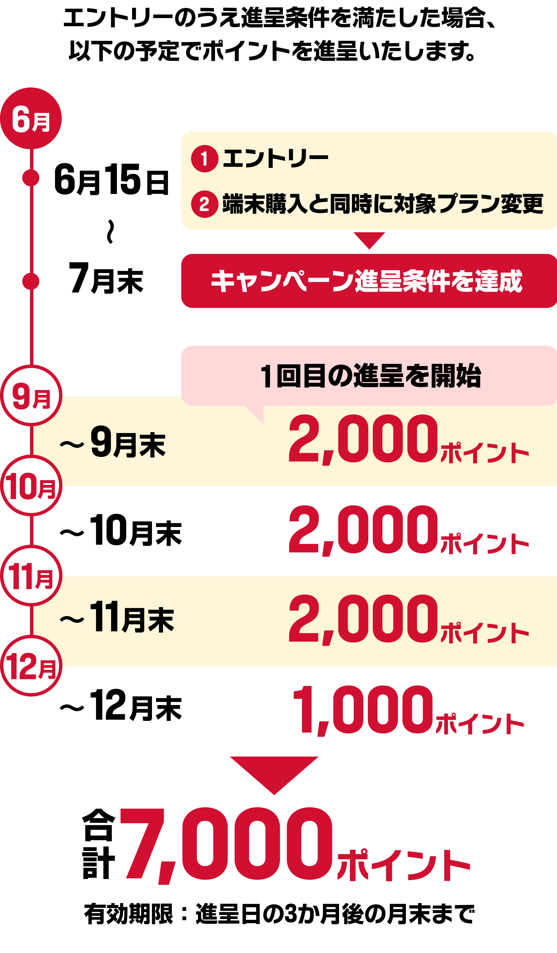 エントリーのうえ進呈条件を満たした場合、 以下の予定でポイントを進呈いたします。　6月 6月15日〜7月末　1エントリー 2端末購入と同時に対象プラン変更 キャンペーン進呈条件を達成　9月 〜9月末　1回目の進呈を開始　2,000ポイント　10月 〜10月末　2,000ポイント　11月 〜11月末　2,000ポイント　12月 〜12月末　1,000ポイント　合計7,000ポイント　有効期限：進呈日の3か月後の月末まで