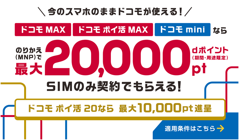 今のスマホのままドコモが使える！ ドコモ MAX ドコモ ポイ活 MAX ドコモ miniならのりかえ（MNP）で最大20,000dポイント（期間・用途限定）SIMのみ契約でもらえる！ ドコモ ポイ活 20なら最大10,000ポイント進呈 適用条件はこちら