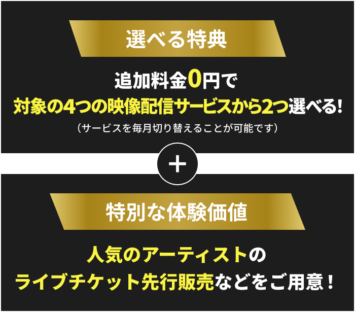 追加料金0円で4つの映像配信サービスから2つ選べる特典と、人気アーティストのライブチケット先行販売などをご用意！