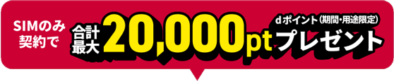 SIMのみ契約で合計最大20,000pt dポイント(期間・用途限定)プレゼント SIMのみ契約で乗り換える(MNP)方はこちら