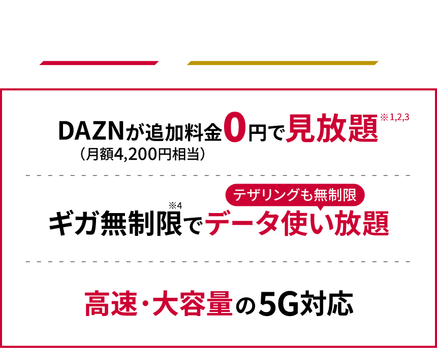ドコモの新プラン! ドコモ MAX　ドコモ ポイ活 MAXは 1.DAZNが追加料金0円で見放題※1,2,3（月額4,200円相当） 2.ギガ無制限※4でデータ使い放題 テザリングも無制限 3.高速・大容量の5G対応