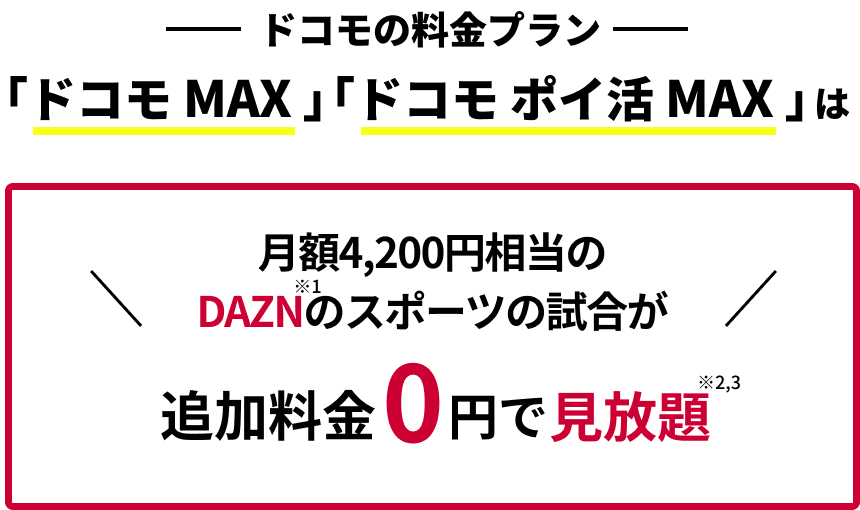 ドコモの新プラン！ドコモ MAX　ドコモ ポイ活 MAXは月額4,200円相当のDAZN※1のスポーツの試合が追加料金0円で見放題※2,3