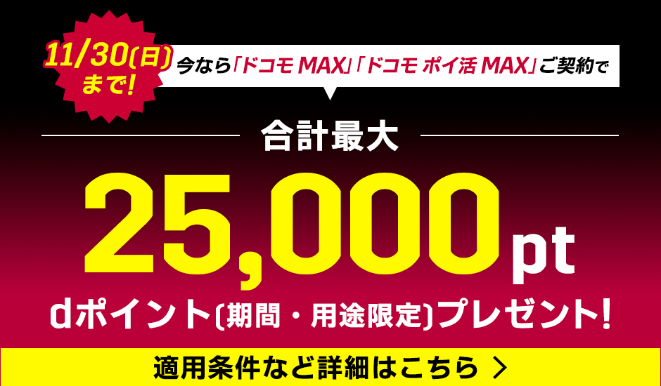 11/30（日）まで！ 今なら「ドコモ MAX」「ドコモ ポイ活 MAX」ご契約で合計最大25,000pt dポイント（期間・用途限定）プレゼント！ 適用条件など詳細はこちら decoding=