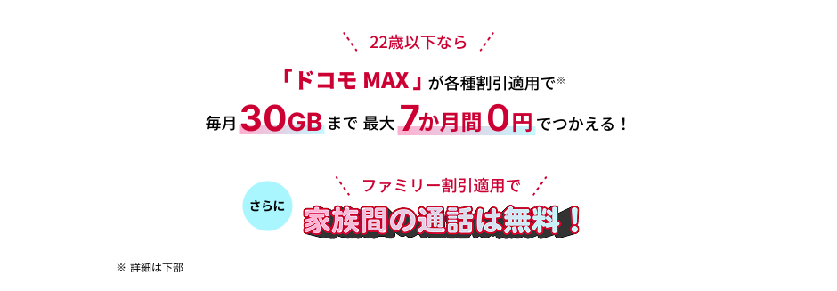 22歳以下なら「ドコモ MAX」が各種割引適用で※毎月30GBまで最大7か月間0円でつかえる！さらにファミリー割引適用で家族間の通話は無料！