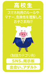 高校生:スマホ利用のルールやマナー、危険性を理解したお子さま向け(制限カテゴリ例)SNS、掲示板 出会い、アダルト
