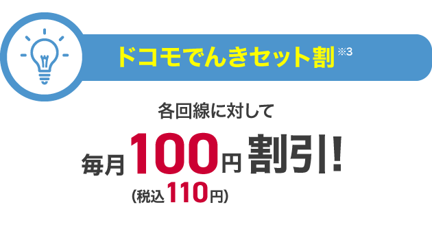 ＋ ドコモでんきセット割※3 各回線に対して 毎月100円（税込110円）割引！
