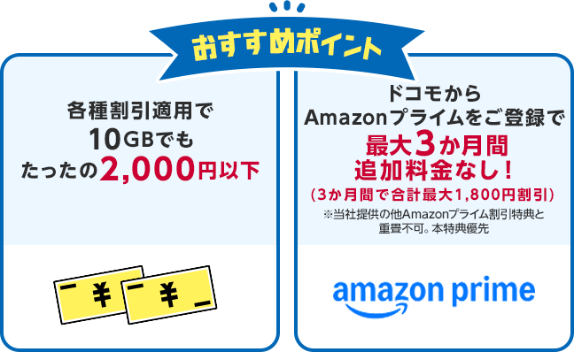 おすすめポイント・各種割引適用で10GBでもたったの2,000円以下・ドコモからAmazonプライムをご登録で最大3か月間追加料金なし!(3か月間で合計最大1,800円割引)