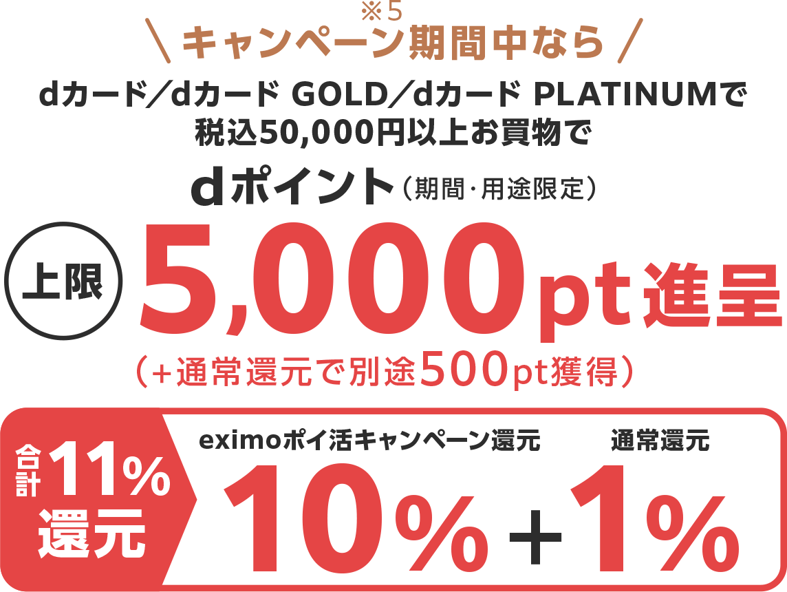 キャンペーン期間中ならdカード／dカード GOLD／dカード PLATINUMで税込50,000円以上お買物でdポイント（期間・用途限定）上限5,000pt進呈 合計11%還元