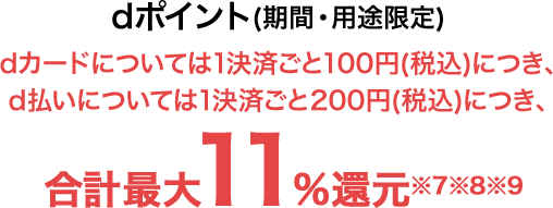 dポイント(期間・用途限定)dカードについては1決済ごと100円(税込)につき、d払いについては1決済ごと200円(税込)につき、合計最大11%還元※12※13※14
