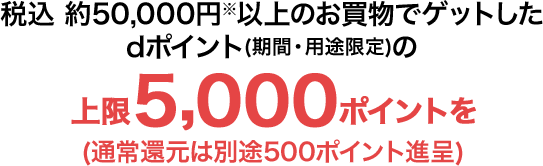 税込 約50,000円※以上のお買物でゲットしたdポイント(期間・用途限定)の上限5,000ポイントを(通常還元は別途500ポイント進呈)