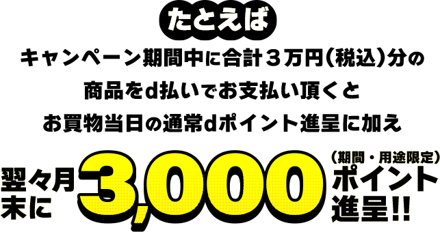 たとえばキャンペーン期間中に合計３万円(税込)分の商品をd払いでお支払い頂くとお買物当日の通常dポイント進呈に加え翌々月末に3,000ポイント進呈（期間・用途限定）