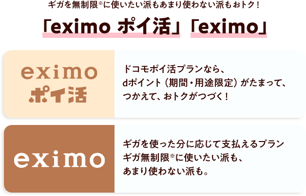 ギガを無制限※に使いたい派もあまり使わない派もおトク！ 「eximo ポイ活」「eximo」 eximo ポイ活 ドコモポイ活プランなら、dポイント（期間・用途限定）がたまって、つかえて、おトクがつづく！ eximo ギガを使った分に応じて支払えるプラン ギガ無制限※に使いたい派も、あまり使わない派も。