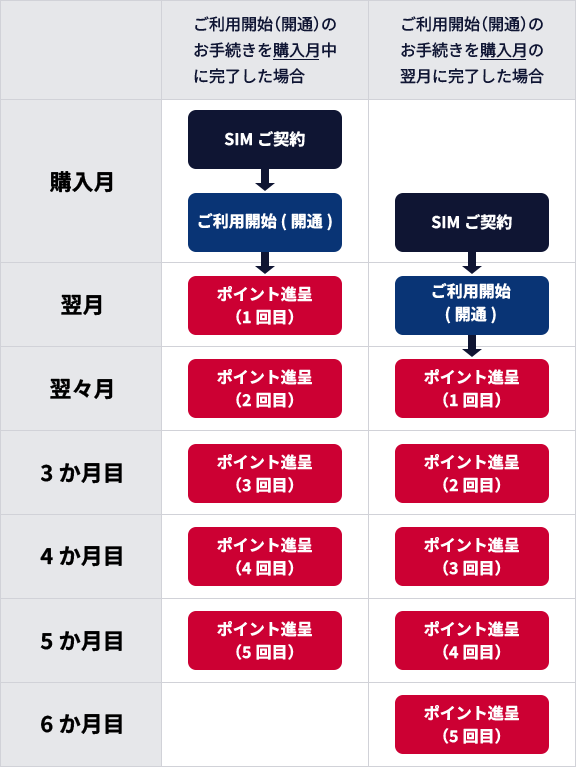ご利用開始（開通）のお手続きを購入月（SIMをご契約された月）中に完了した場合は、その翌月から5か月後まで分割してポイント進呈をいたします。ご利用開始（開通）のお手続きを購入月（SIMをご契約された月）の翌月に完了した場合は、購入月（SIMをご契約された月）の翌々月後から5か月後まで分割してポイント進呈をいたします。