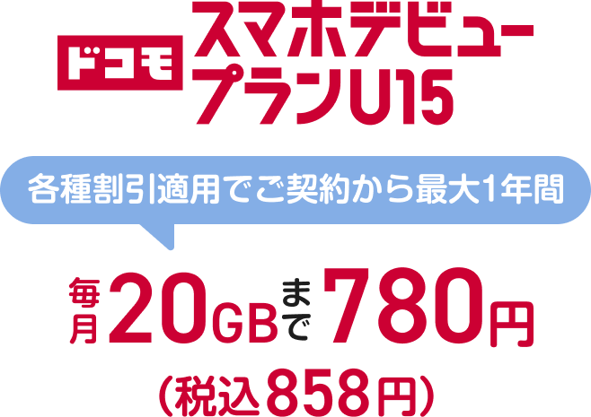 ドコモ「スマホデビュープランU15」の料金訴求バナー。各種割引適用で契約から最大1年間、20GBまで月額780円(税込858円)。
