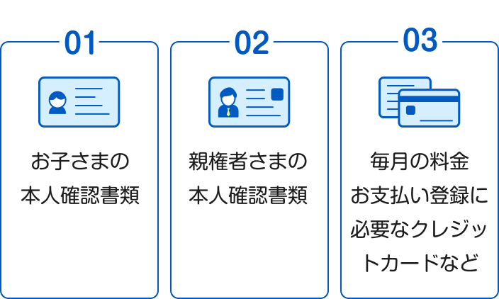 「ドコモ スマホデビュープラン U15」の申込みに必要なもの。お子さま本人の本人確認書類、親権者さまの本人確認書類、毎月の料金支払いに必要なクレジットカードなどを用意する必要がある。