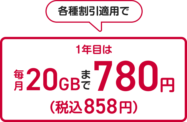 「ドコモ スマホデビュープラン U15」の契約開始から1年間の料金。各種割引適用で、毎月20GBまで月額780円(税込858円)で利用可能。