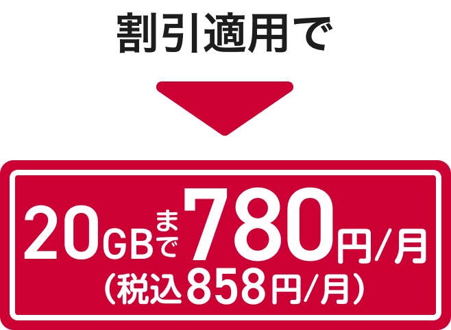 各種割引適用で、契約から最大1年間は20GBまで月額780円(税込858円)で利用できる。