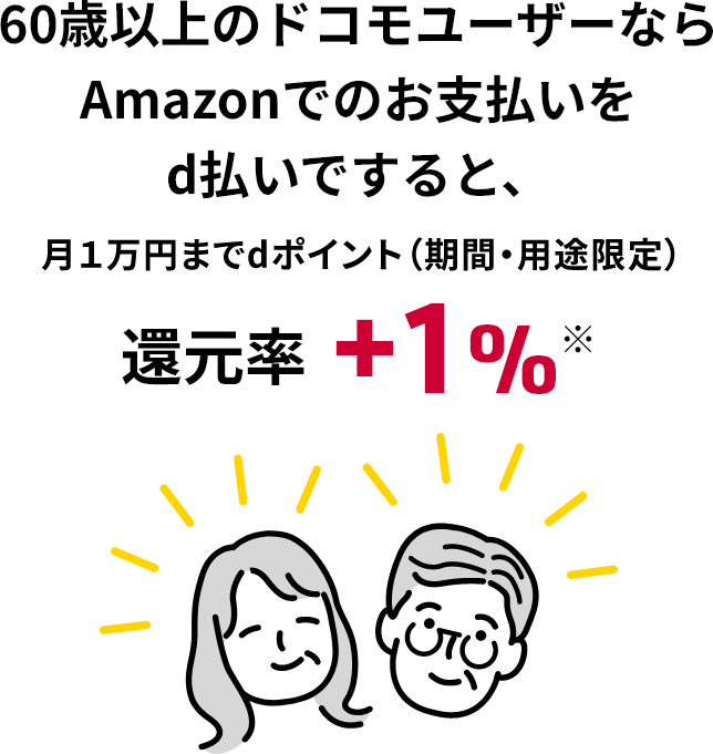 60歳以上のドコモユーザーならAmazonでのお支払いをd払いですると、月1万円までdポイント（期間・用途限定）還元率＋1％※