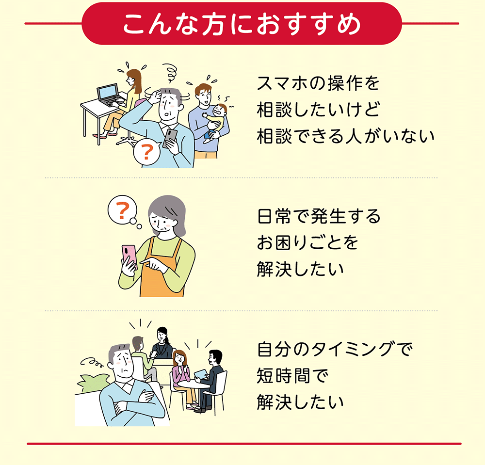 こんな方におすすめ：スマホの操作を相談したいけど相談できる人がいない ／ 日常で発生するお困りごとを解決したい ／ 自分のタイミングで短時間で解決したい