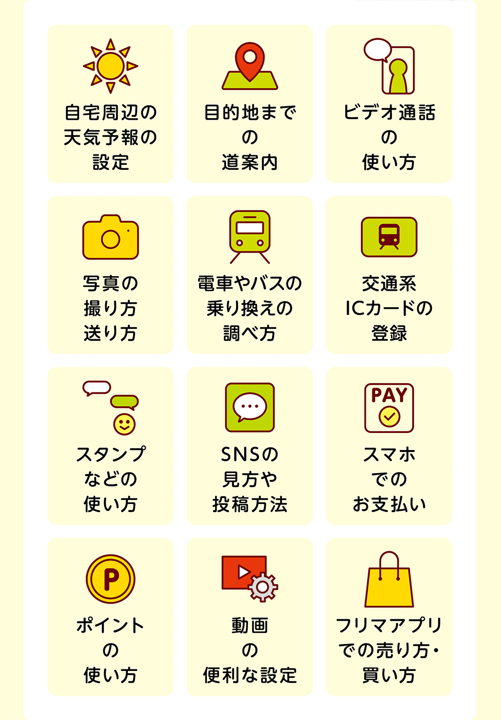 自宅周辺の天気予報の設定 ／ 目的地までの道案内 ／ ビデオ通話の使い方 ／ 写真の撮り方送り方 ／ 電車やバスの乗り換えの調べ方 ／ 交通系ICカードの登録 ／ スタンプなどの使い方 ／ SNSの見方や投稿方法 ／ スマホでのお支払い ／ ポイントの使い方 ／ 動画の便利な設定 ／ フリマアプリでの売り方・買い方